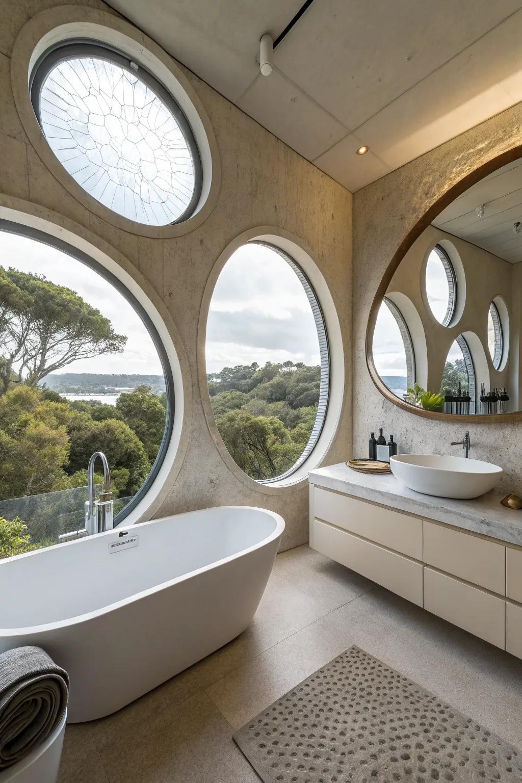 Circular windows adding architectural intrigue to a contemporary bathroom.