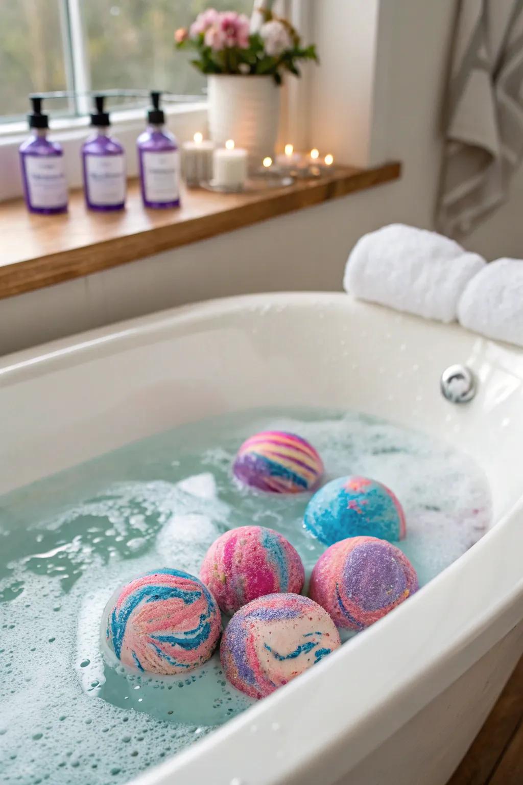 Add homemade bath bombs for a colorful and aromatic soak.