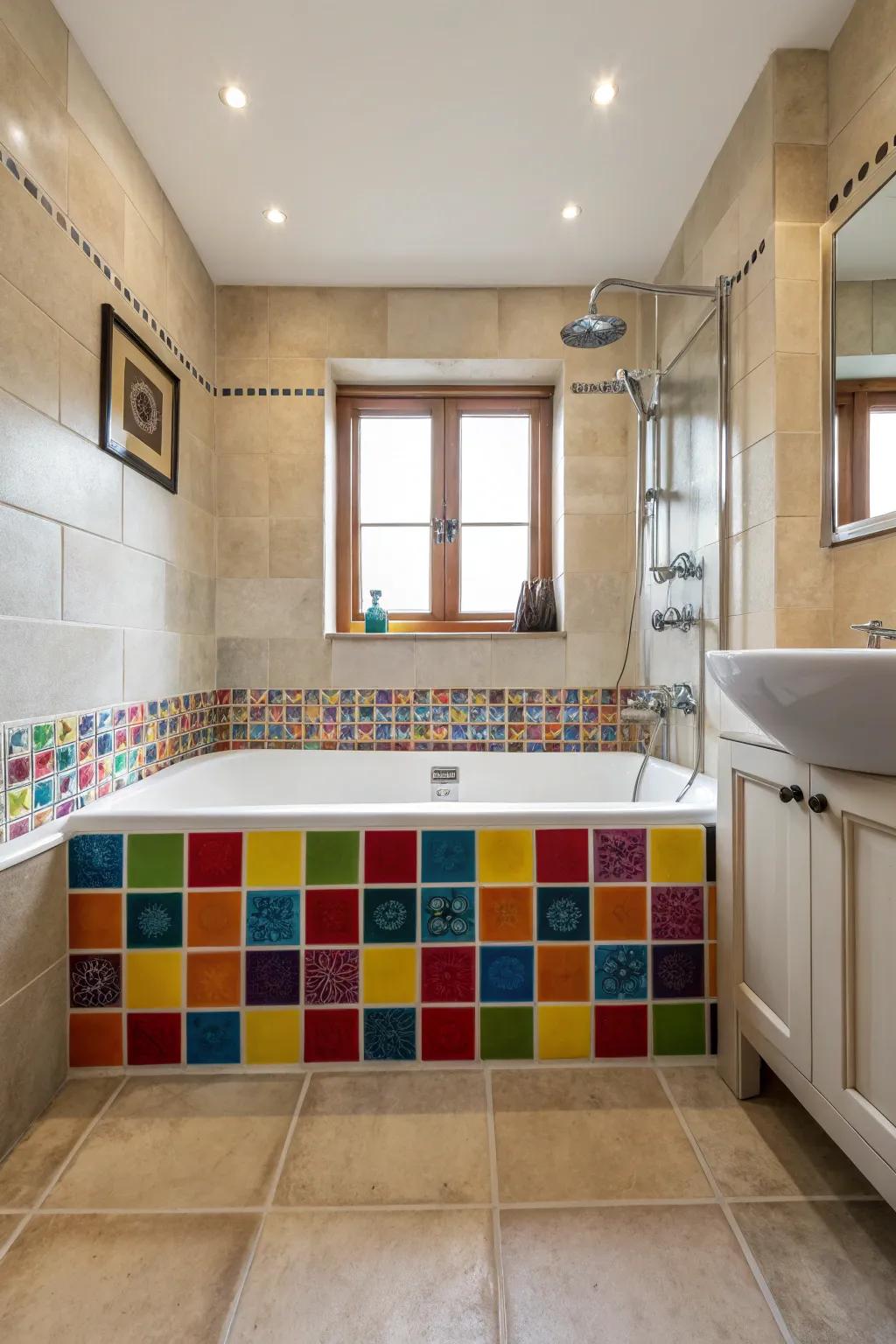 Feature tiling delivers a striking statement encircling your bathtub.