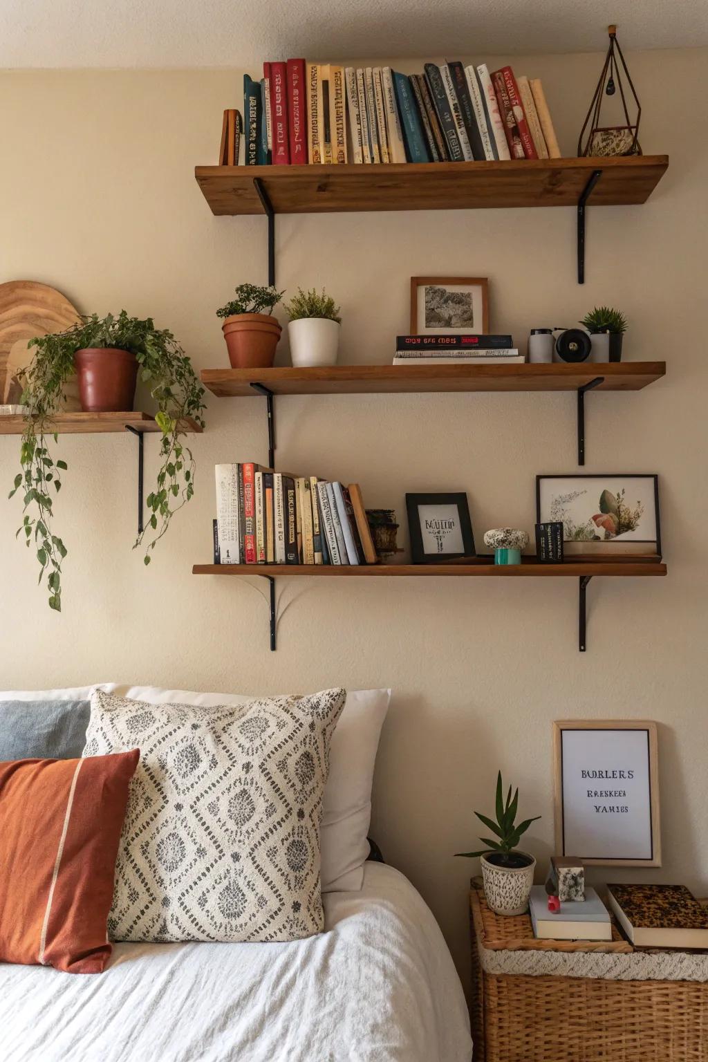 Wall-mounted shelves maximize space stylishly.
