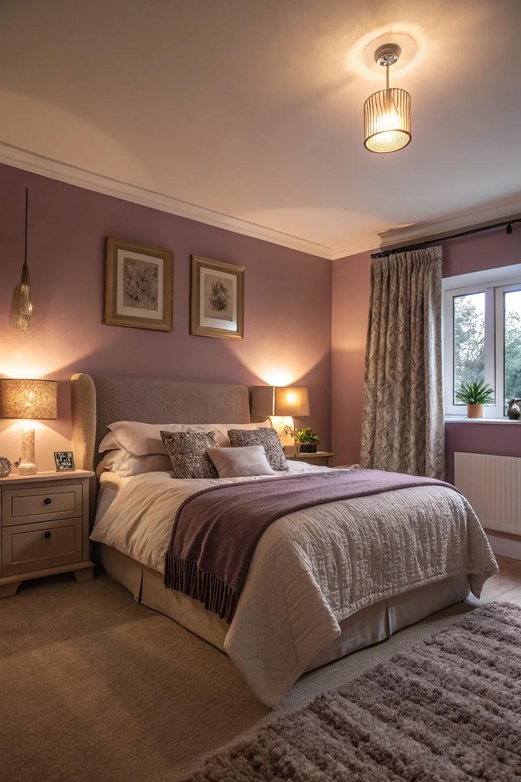 Mauve walls create a soothing and sophisticated atmosphere in this elegant bedroom.