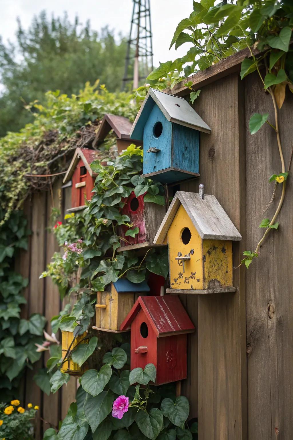 A charming cluster of birdhouses creates a lively community on a fence.