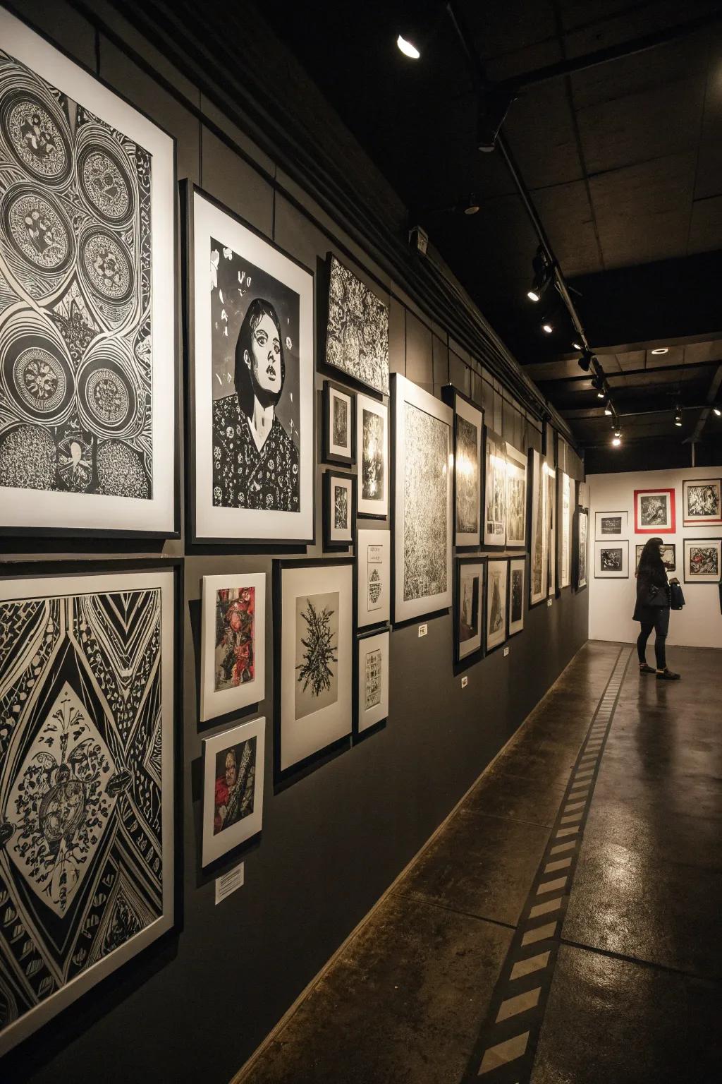 An elegant monochrome gallery wall presenting black and white artworks.