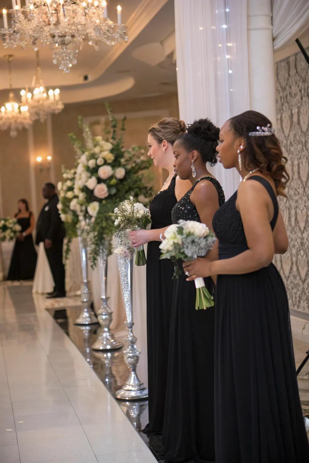 Chic bridesmaid attire in ebony and argent.