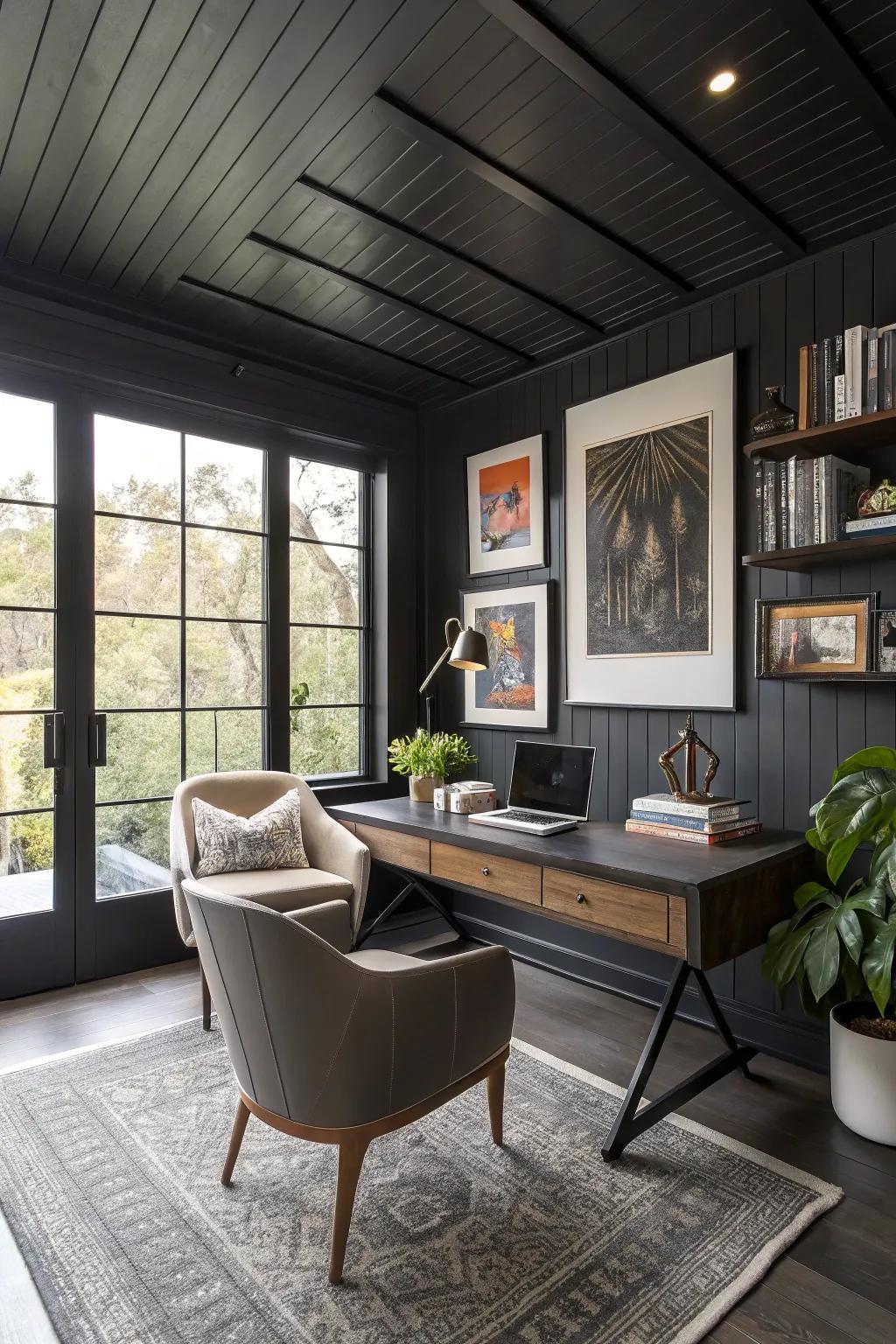 A modern home office with a black ceiling that inspires creativity.