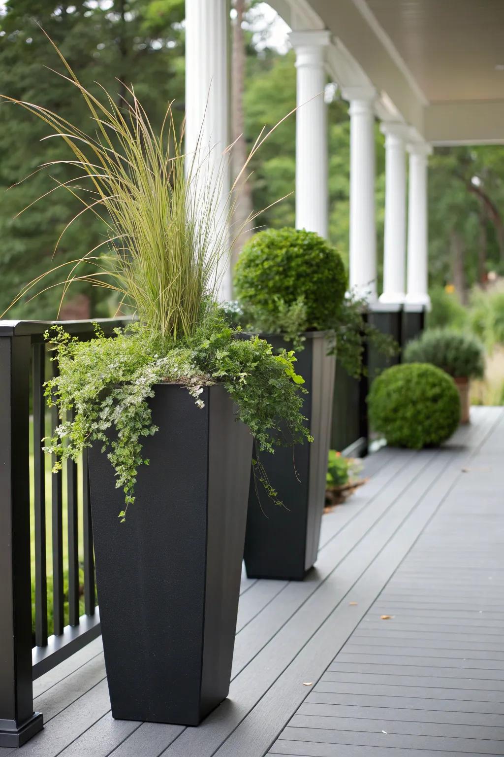 Soaring modern planters with ornamental grasses on a dark porch.
