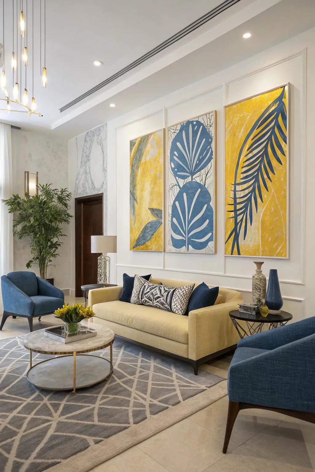 A living space enlivened by azure and amber abstract artwork, providing a refined aesthetic.