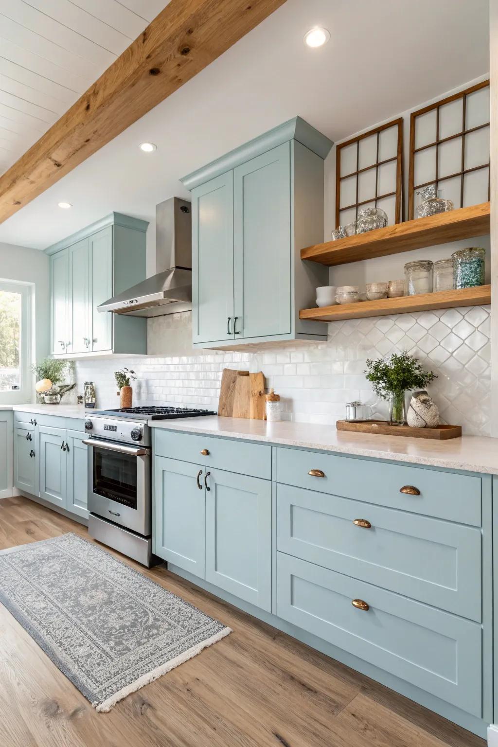 Cozy kitchen featuring light blue cabinets and wood accents.