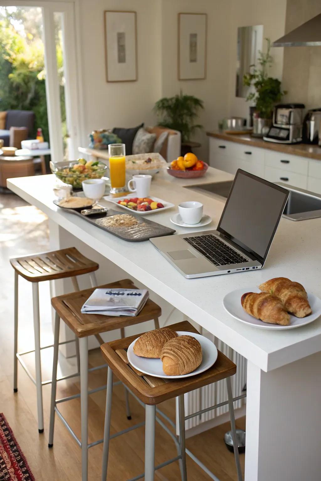 A versatile breakfast bar designed for both dining and working.