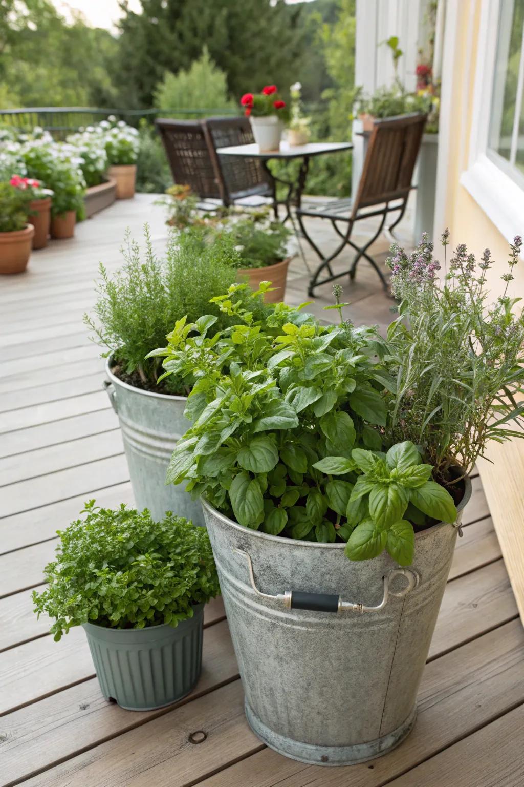 Buckets filled with fresh herbs on a sunny patio.