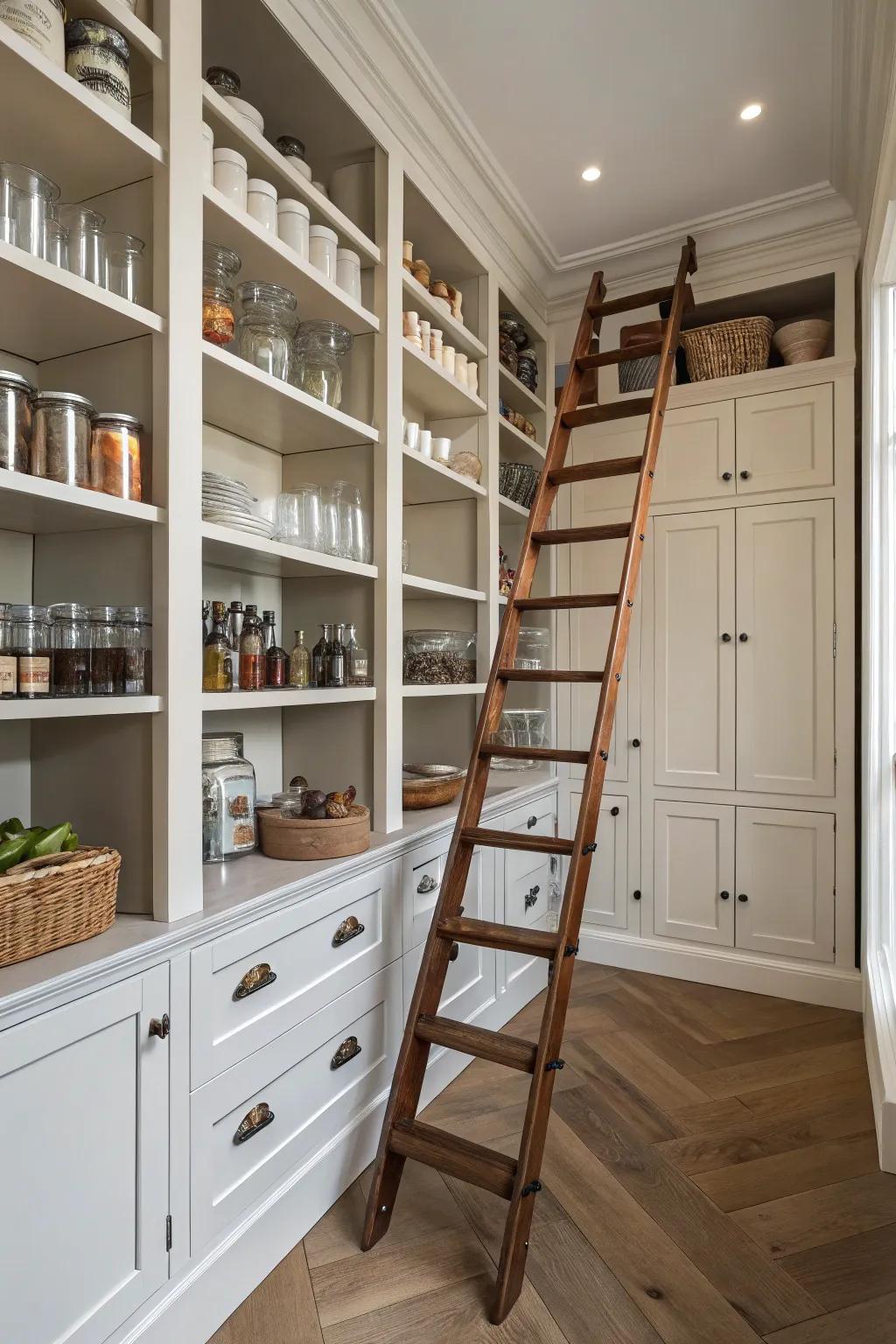 A rolling ladder grants access to elevated shelves with sophistication.