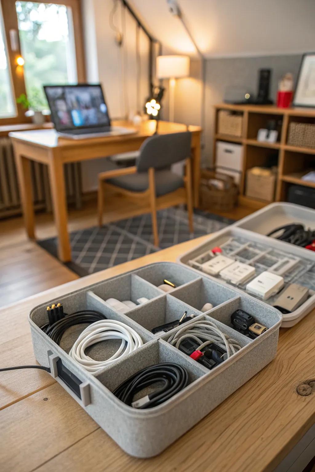 Storage boxes with compartments for cables.