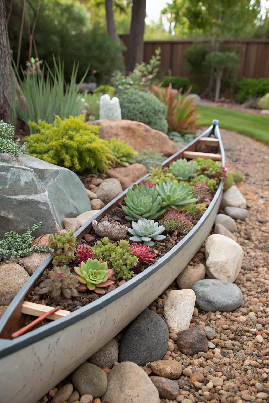 Rocks and mulch provide a decorative border for a canoe planter.