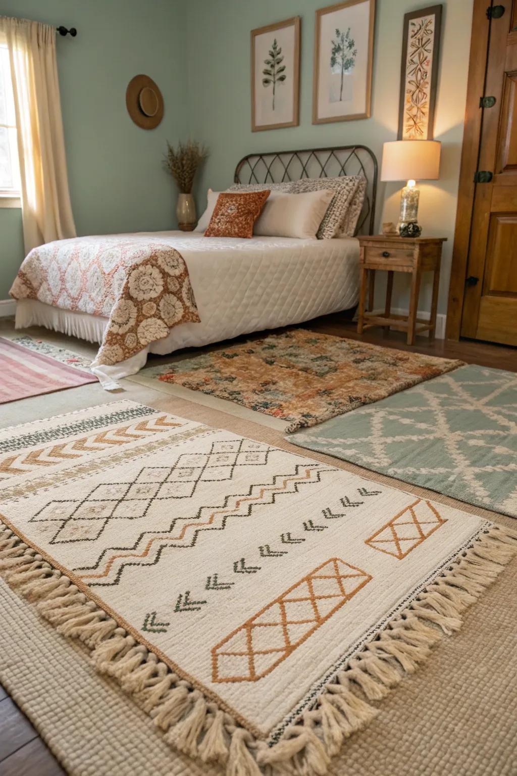 Layered rugs add warmth and dimension.