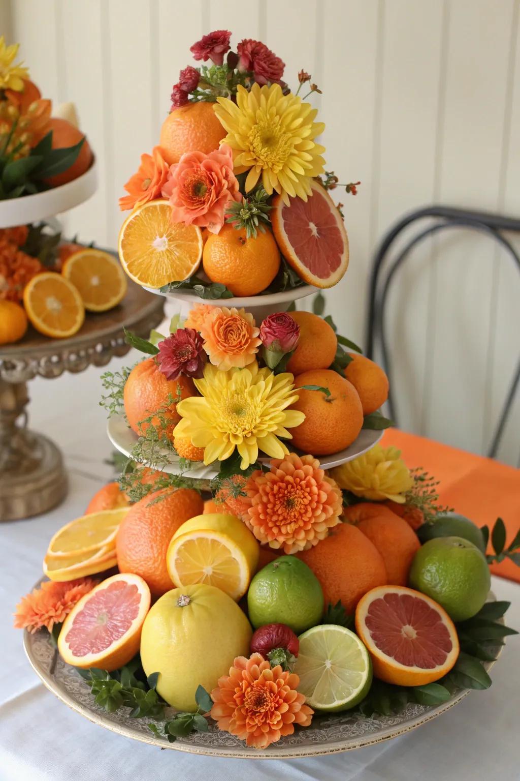 Seasonal fruit display centerpiece with citrus.