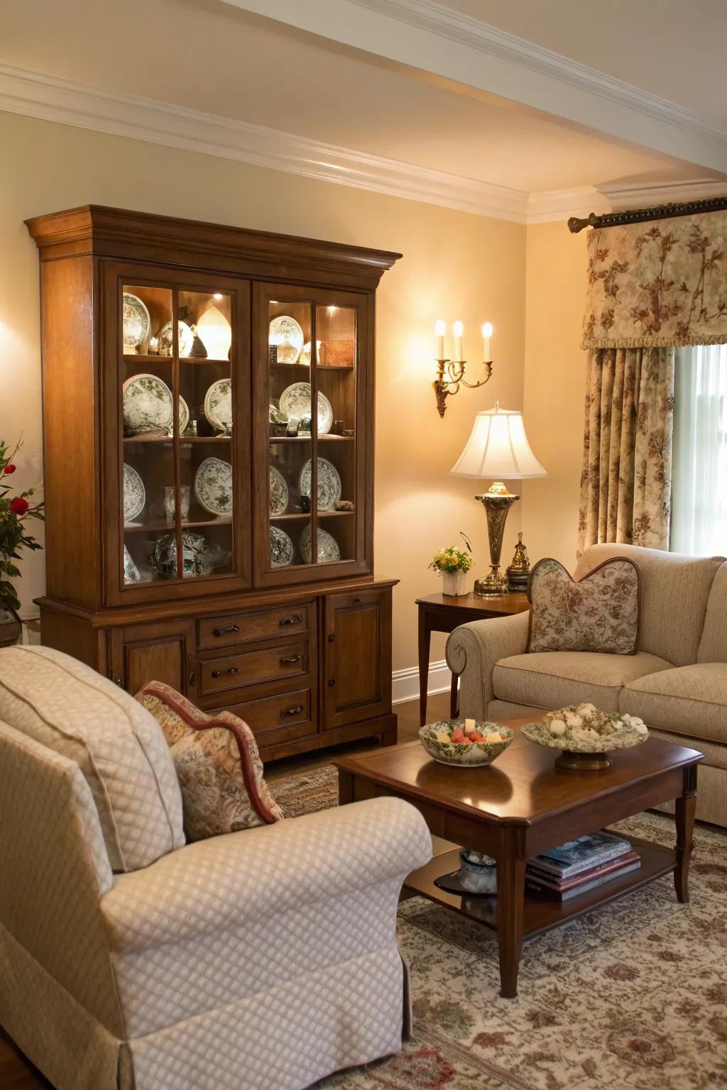 Cozy seating arranged around a display case, fostering a welcoming environment.