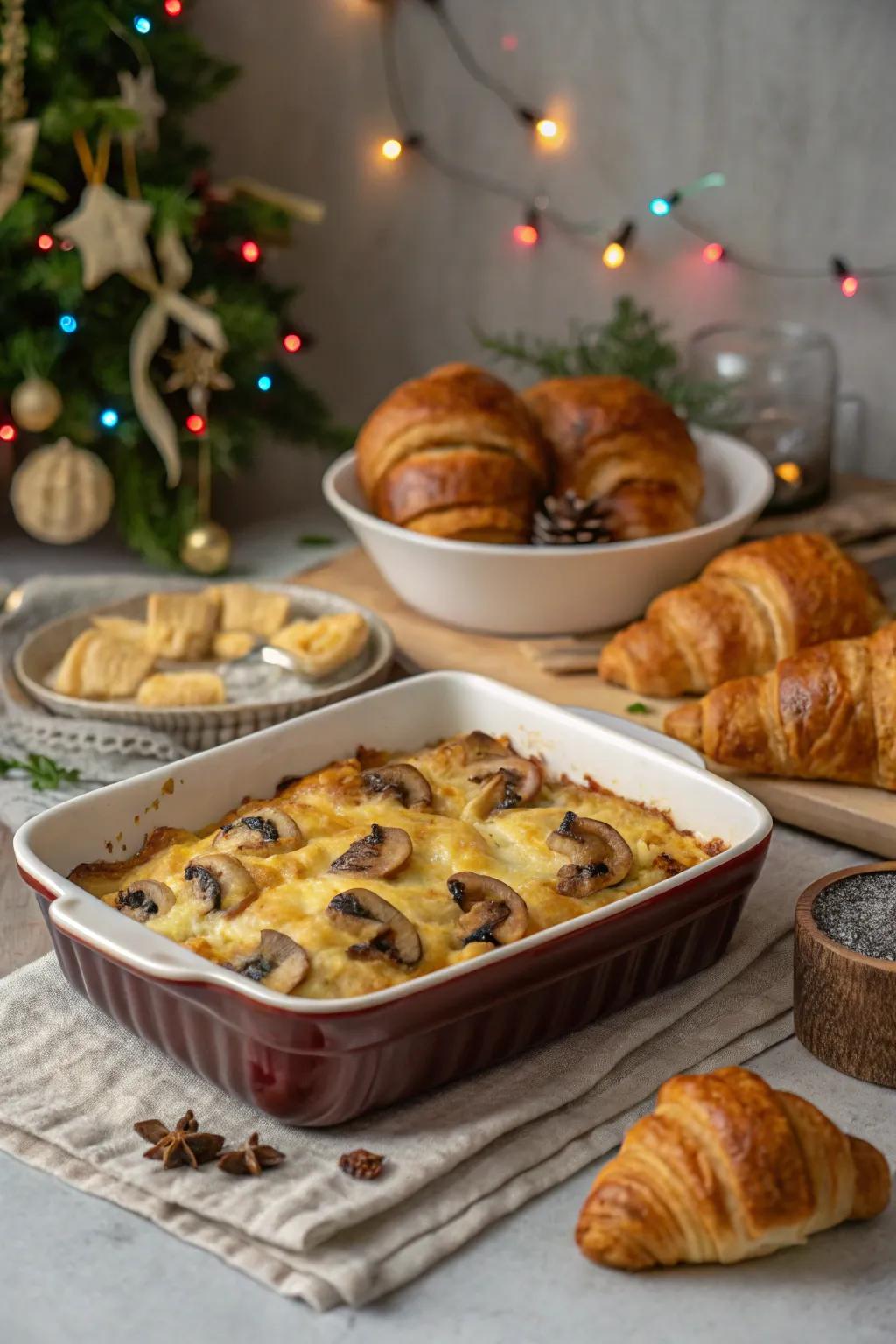 A hearty mushroom and Gruyère croissant casserole.