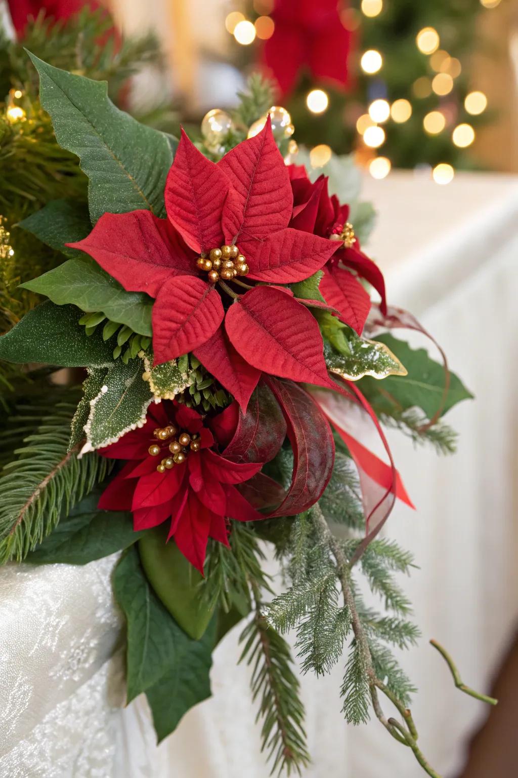 A Christmas corsage featuring poinsettias and green leaves.