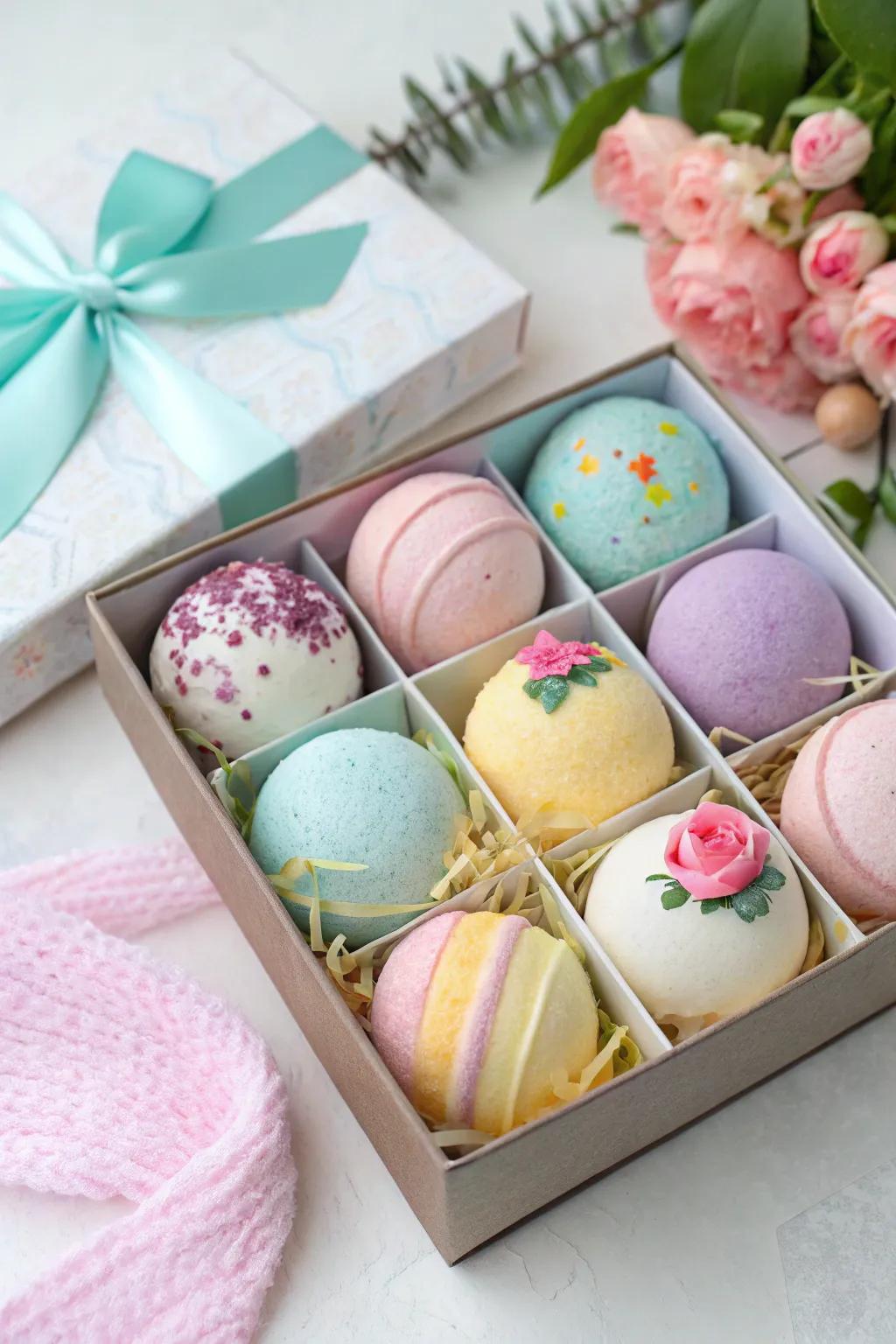 A box of colorful bath bombs ready for gifting