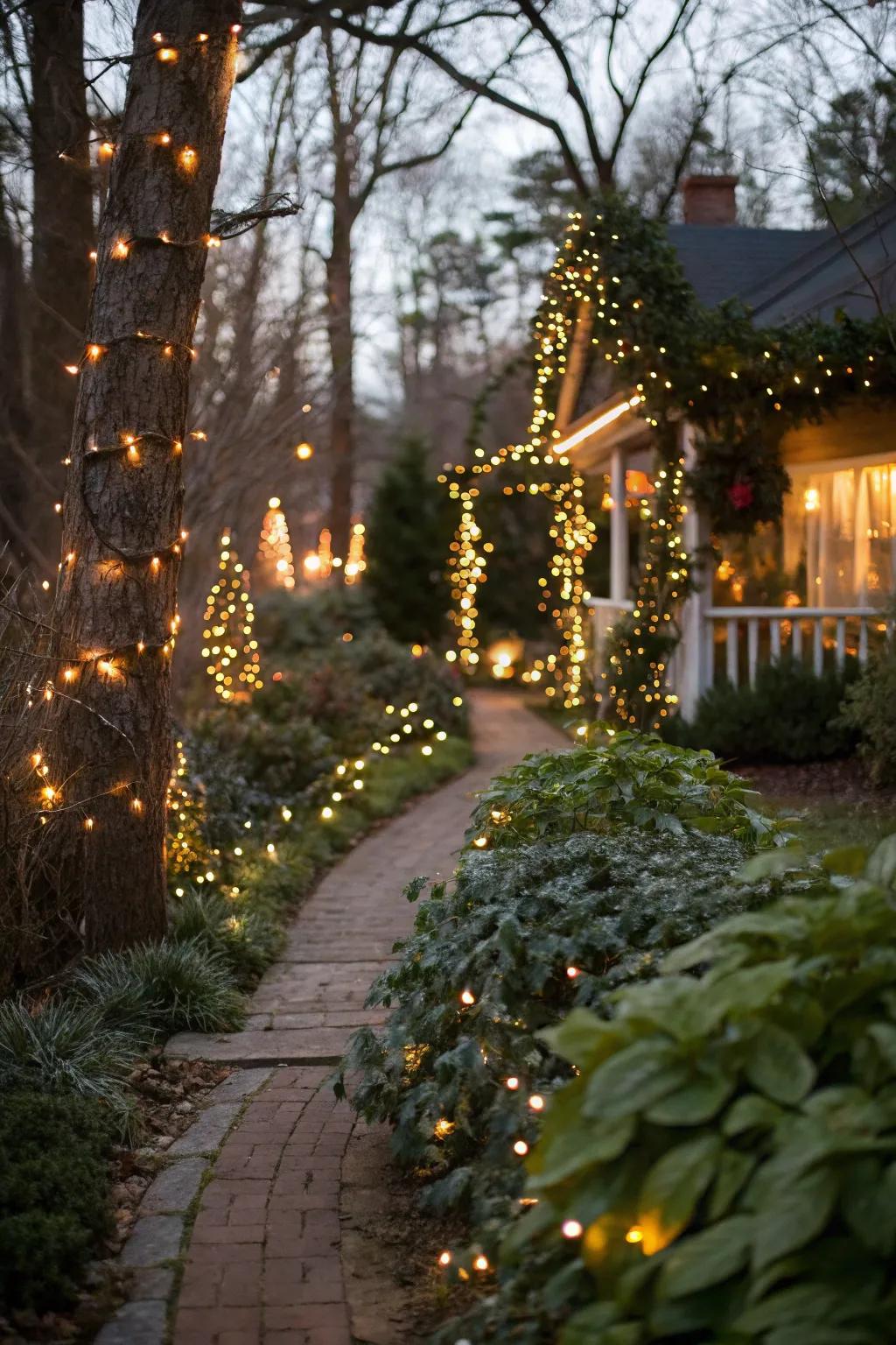 A garden pathway beautifully illuminated with Christmas lights.