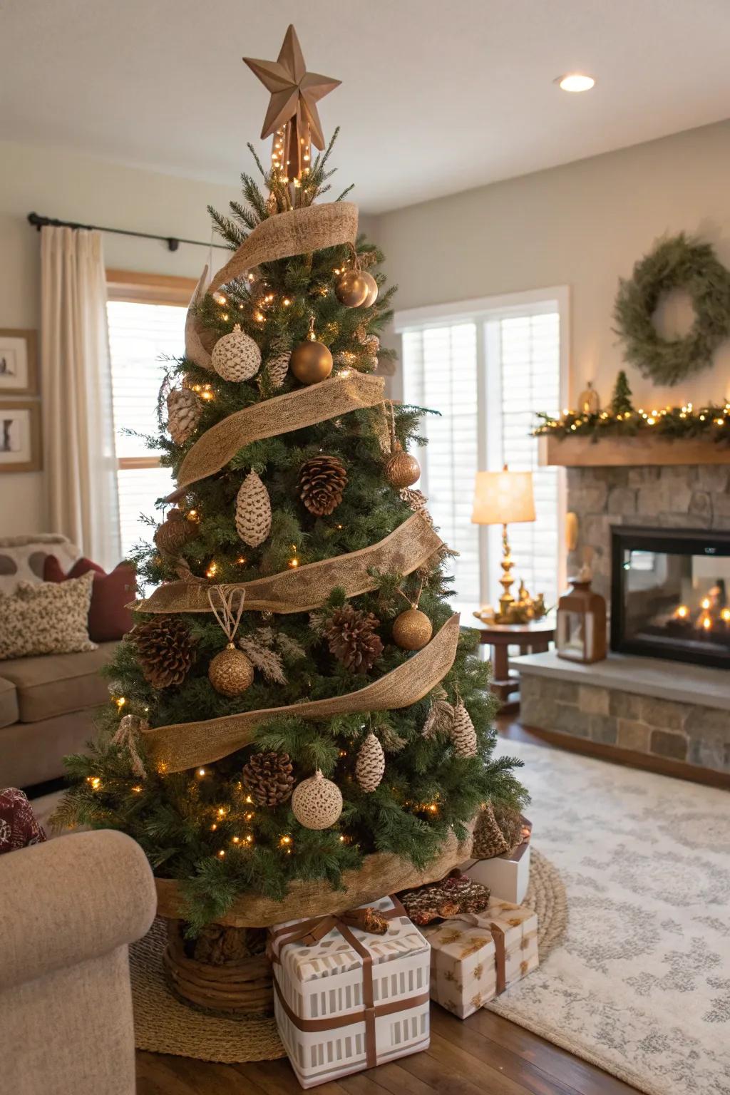 Rustic elements fashion a warm and welcoming farmhouse Christmas tree.