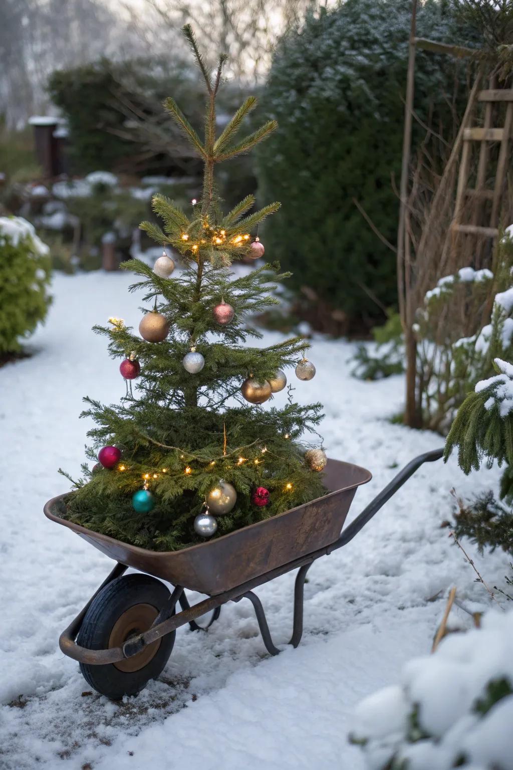 A mini Christmas tree adds a festive flair to this wheelbarrow.