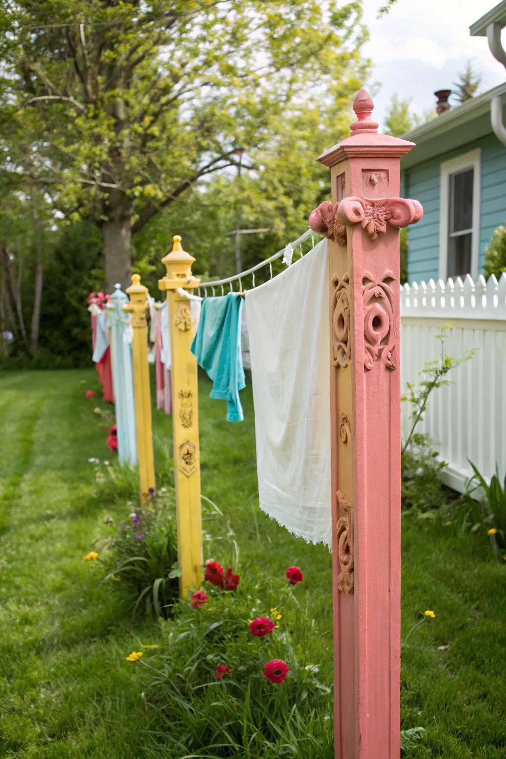 Brighten up your clothesline with painted posts and corbels.