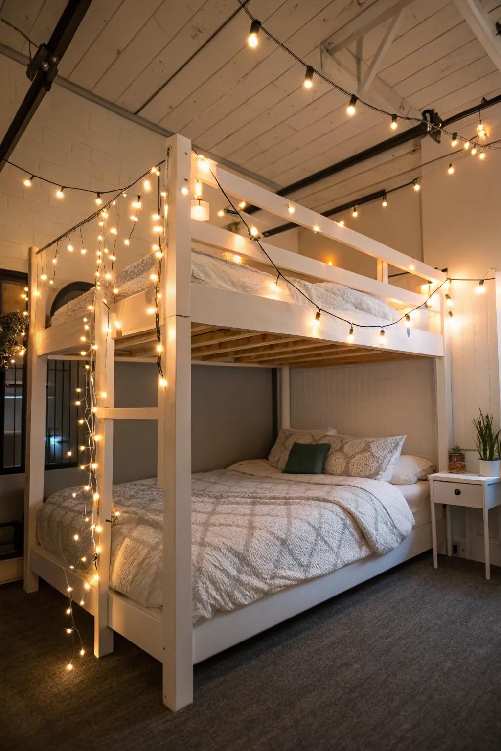 Twinkle lights add a magical touch to your high-rise bed setup.