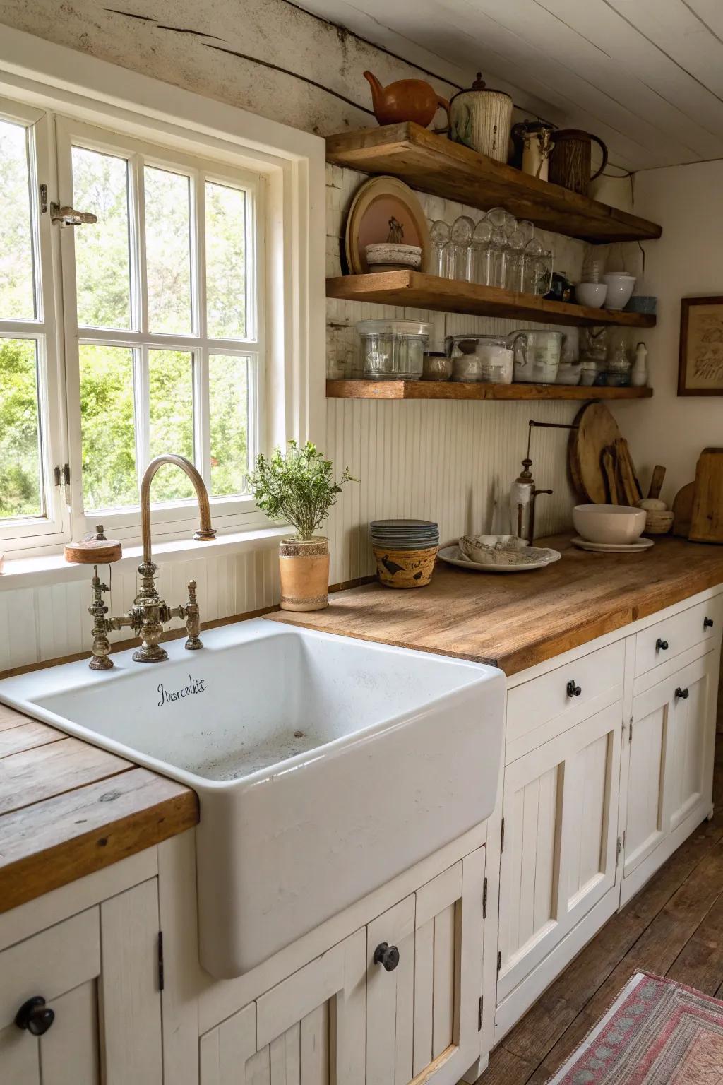 A farmhouse sink acts as a rustic centerpiece in this country kitchen.