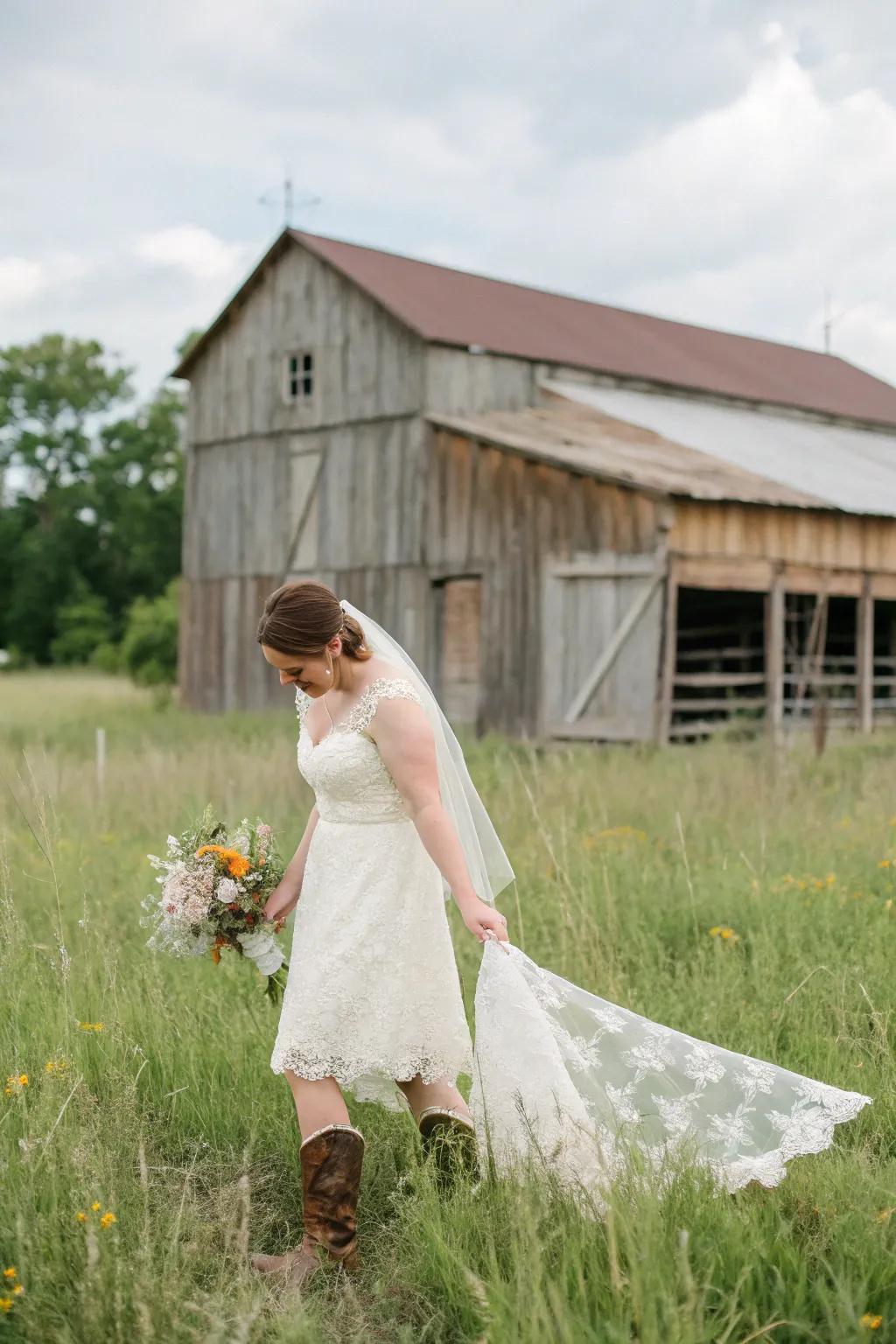 Country chic attire for a rustic wedding.