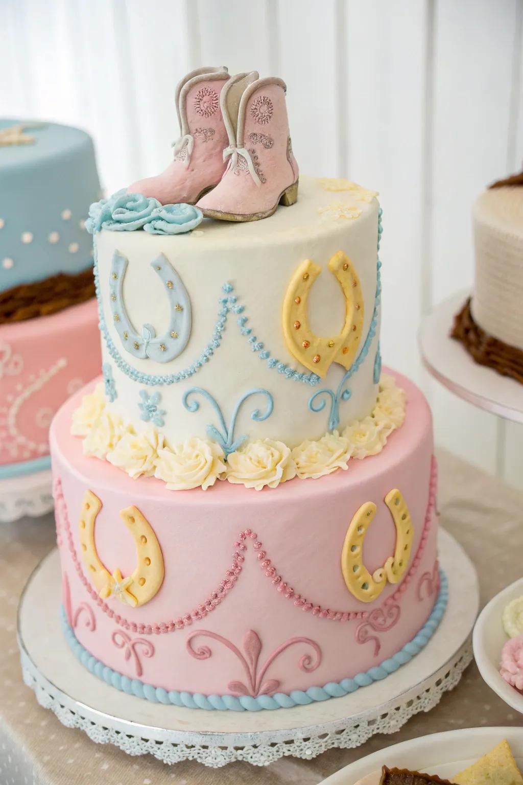 Pastel hues deliver an elegant and subtle touch to this cowgirl-themed cake, making it both inviting and stylish.