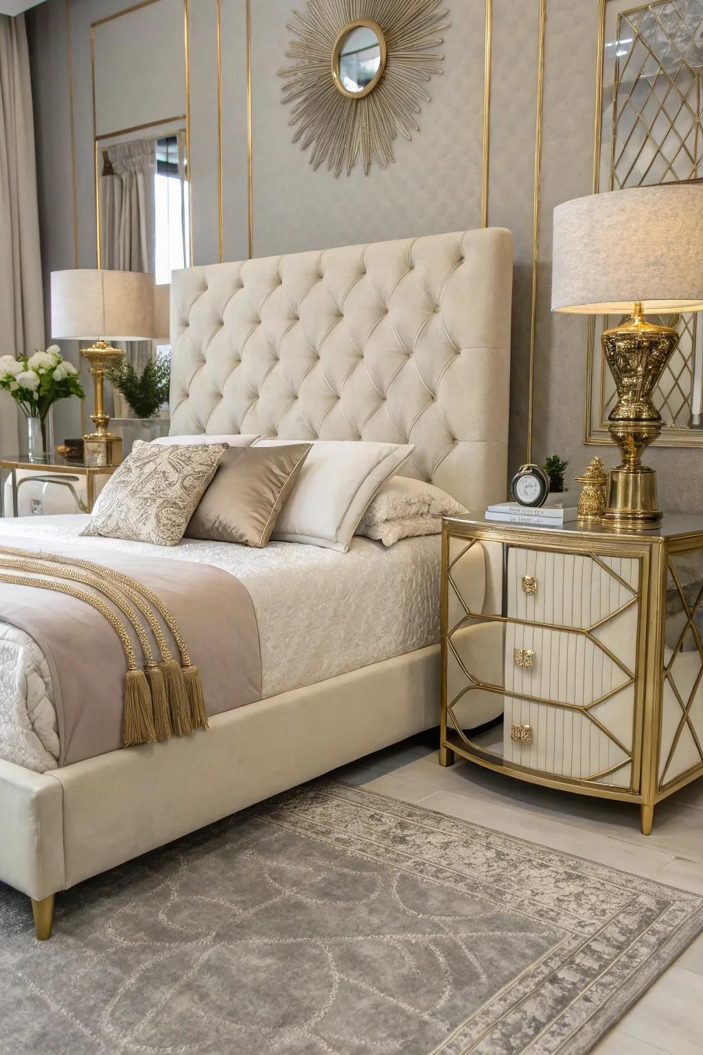 Elegant furniture selections establish the ambiance for a sophisticated bedroom.