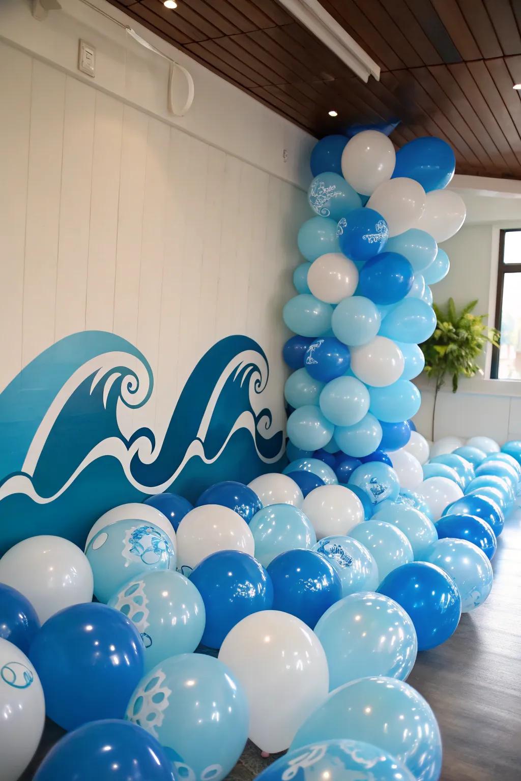 Balloon waves add a playful oceanic touch.