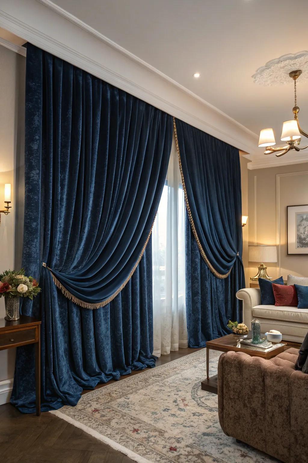 Elegant velvet drapes add coziness and luxury.