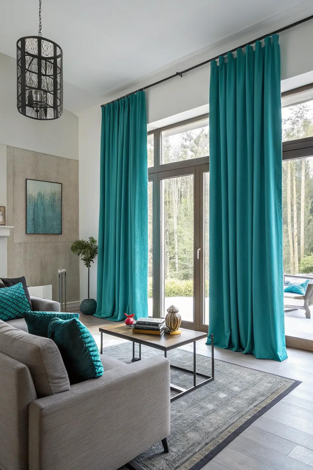 Bold window coverings can act as a lively focal point in a neutral setting.