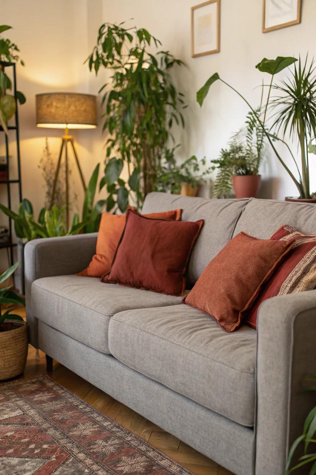Natural shades imbue a natural warmth into a charcoal sofa configuration.