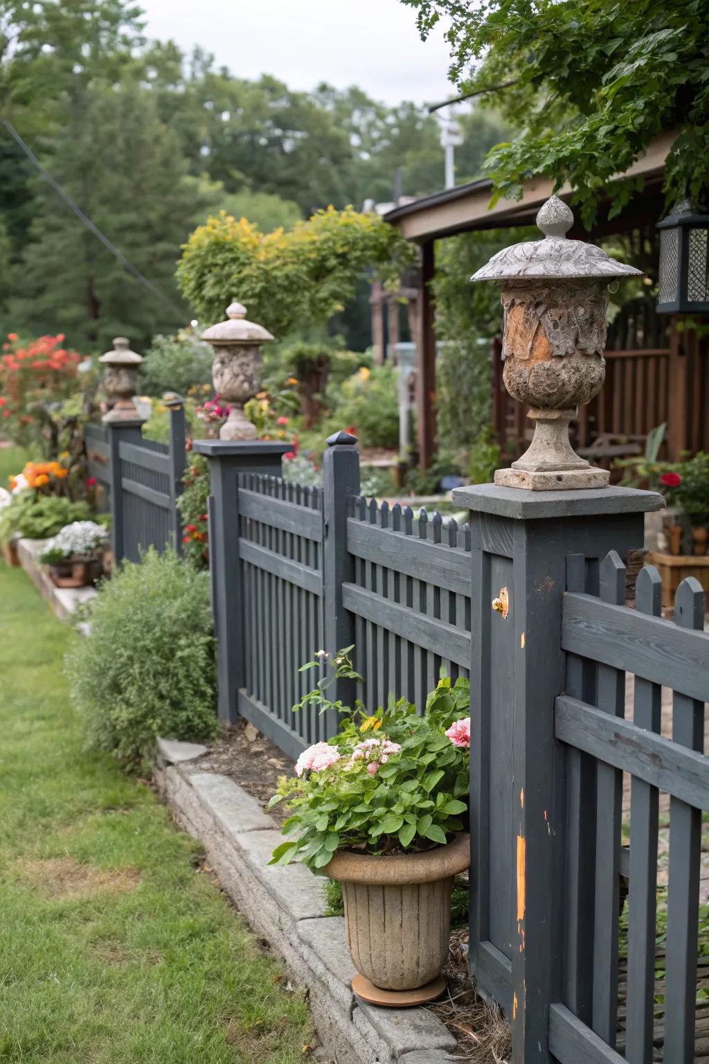 A deep charcoal barrier paired with rustic wooden accents and vintage garden decor.