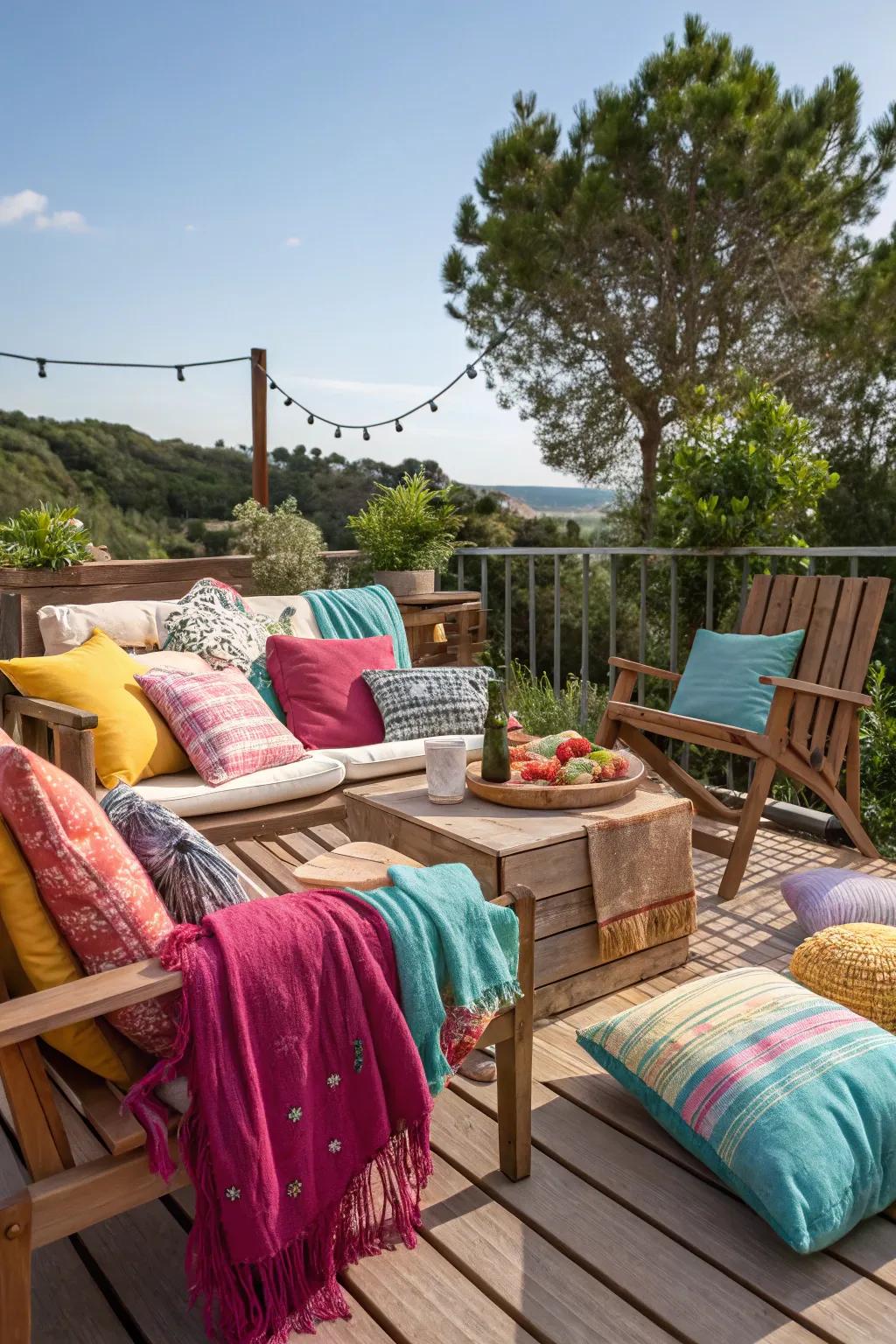 Cozy textiles add warmth, color, and comfort to your deck setting.