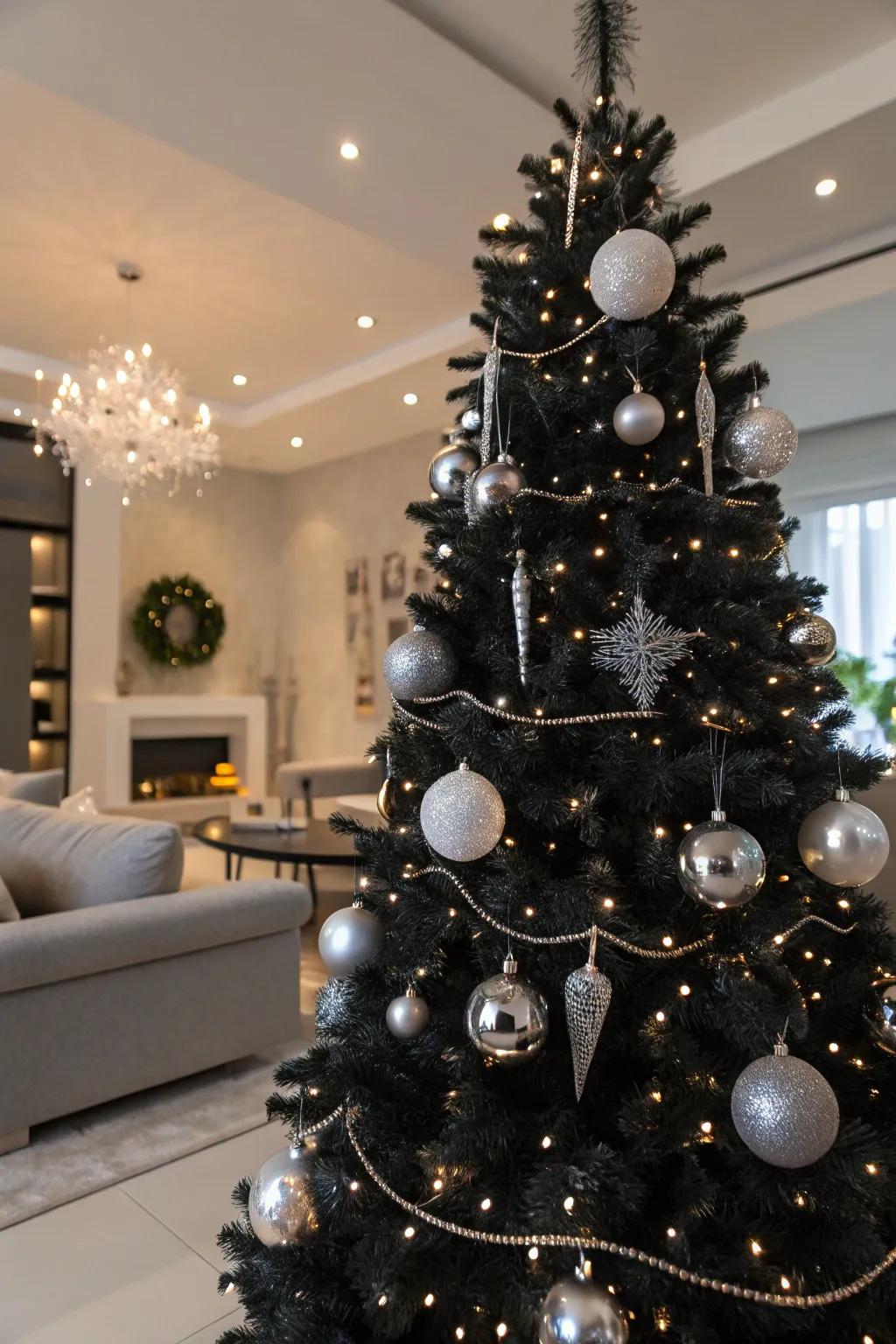 An ebony tree showcasing shimmering silver ornaments.