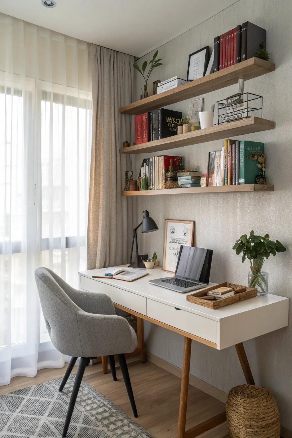 Floating shelves offering stylish storage above a desk.