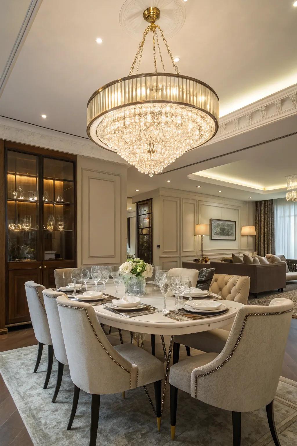 An eye-catching chandelier that infuses sophistication and spectacle into the dining room.