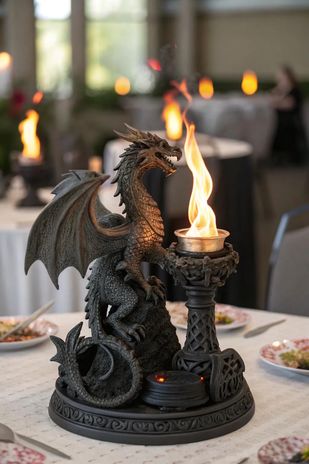 Fiery centerpieces create an enchanting atmosphere.