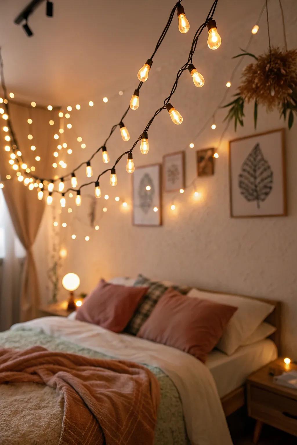 Delicate lights introduce a dreamlike glow to your dramatic bedroom.