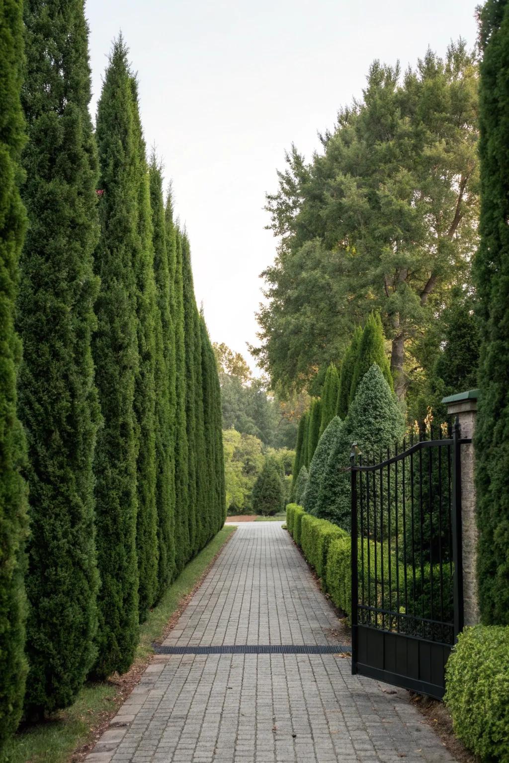 Lofty arborvitae hedges affording privacy alongside a driveway.