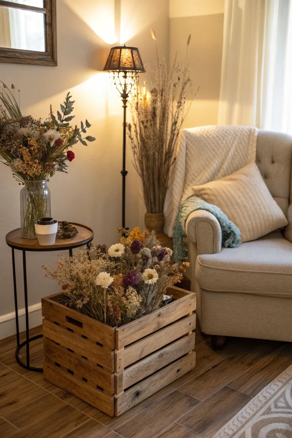 Country allure using dried flowers and wooden elements.