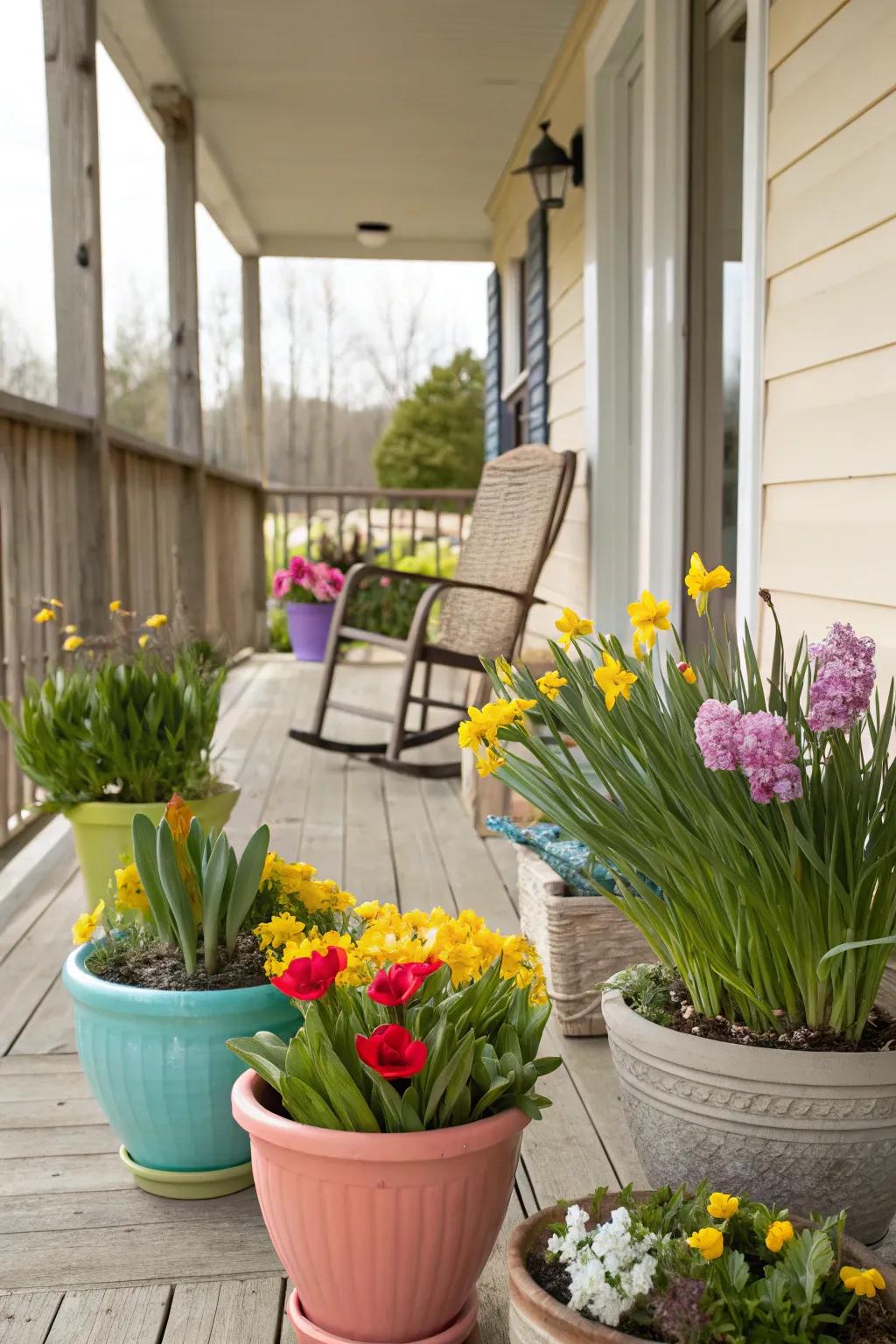 Potted flowers breathe life into your Easter porch decor.