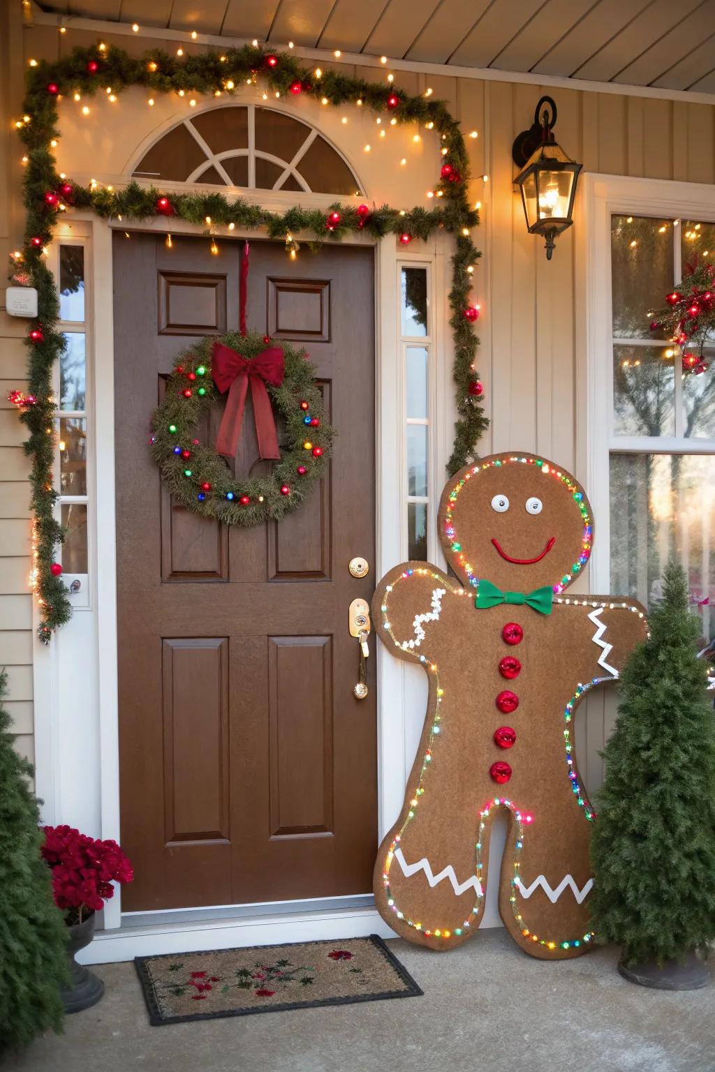 A gingerbread figure cutout establishes a playful atmosphere at the doorway.