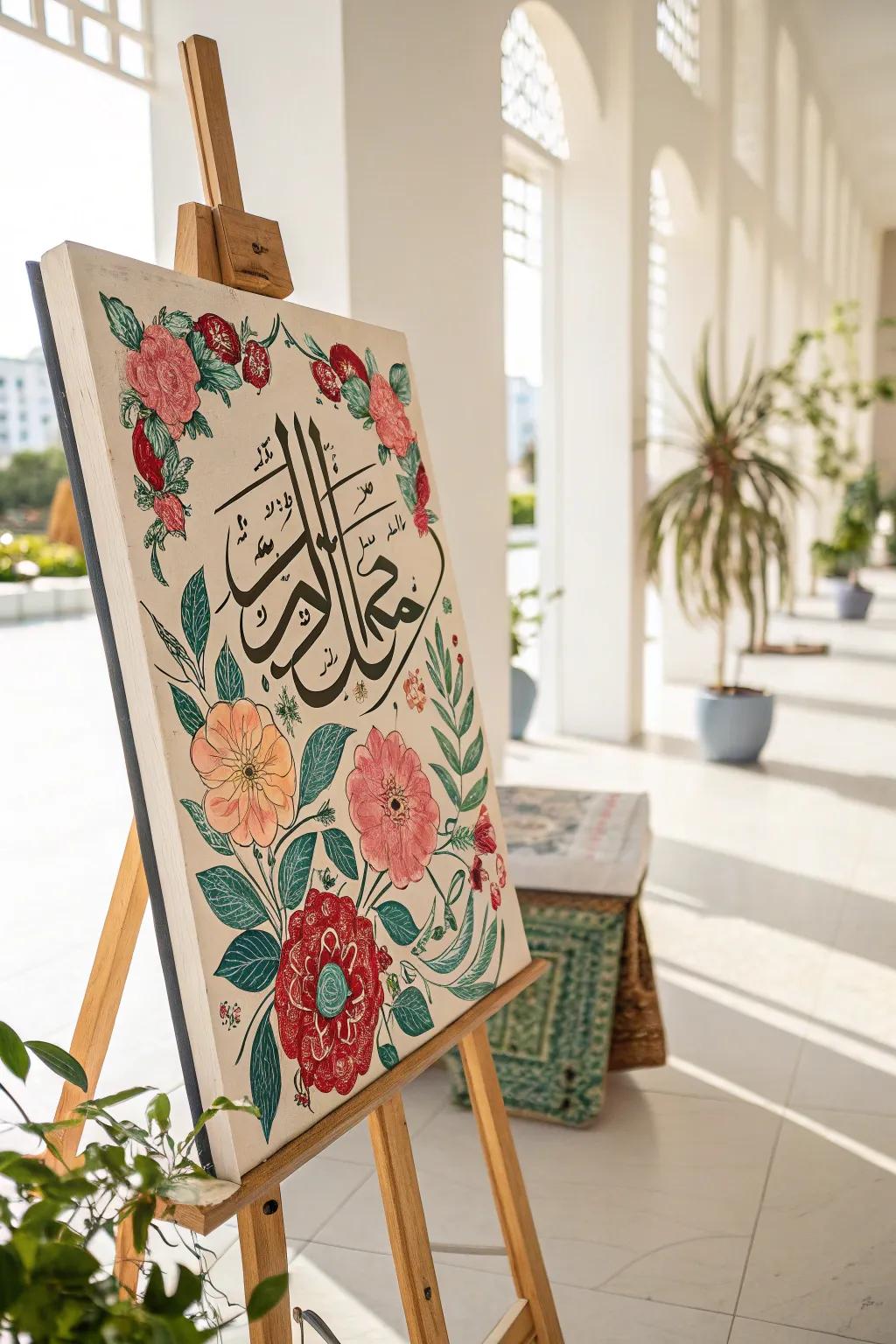 Floral patterns combined with Arabic lettering introduce a vibrant and organic sensation.