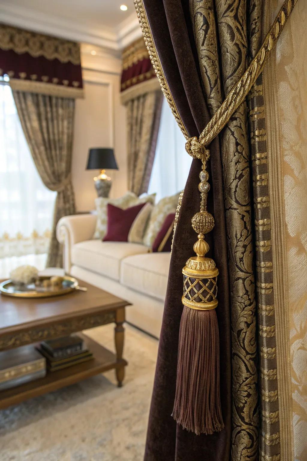 Ornate tiebacks give luxurious curtains a personal flourish.