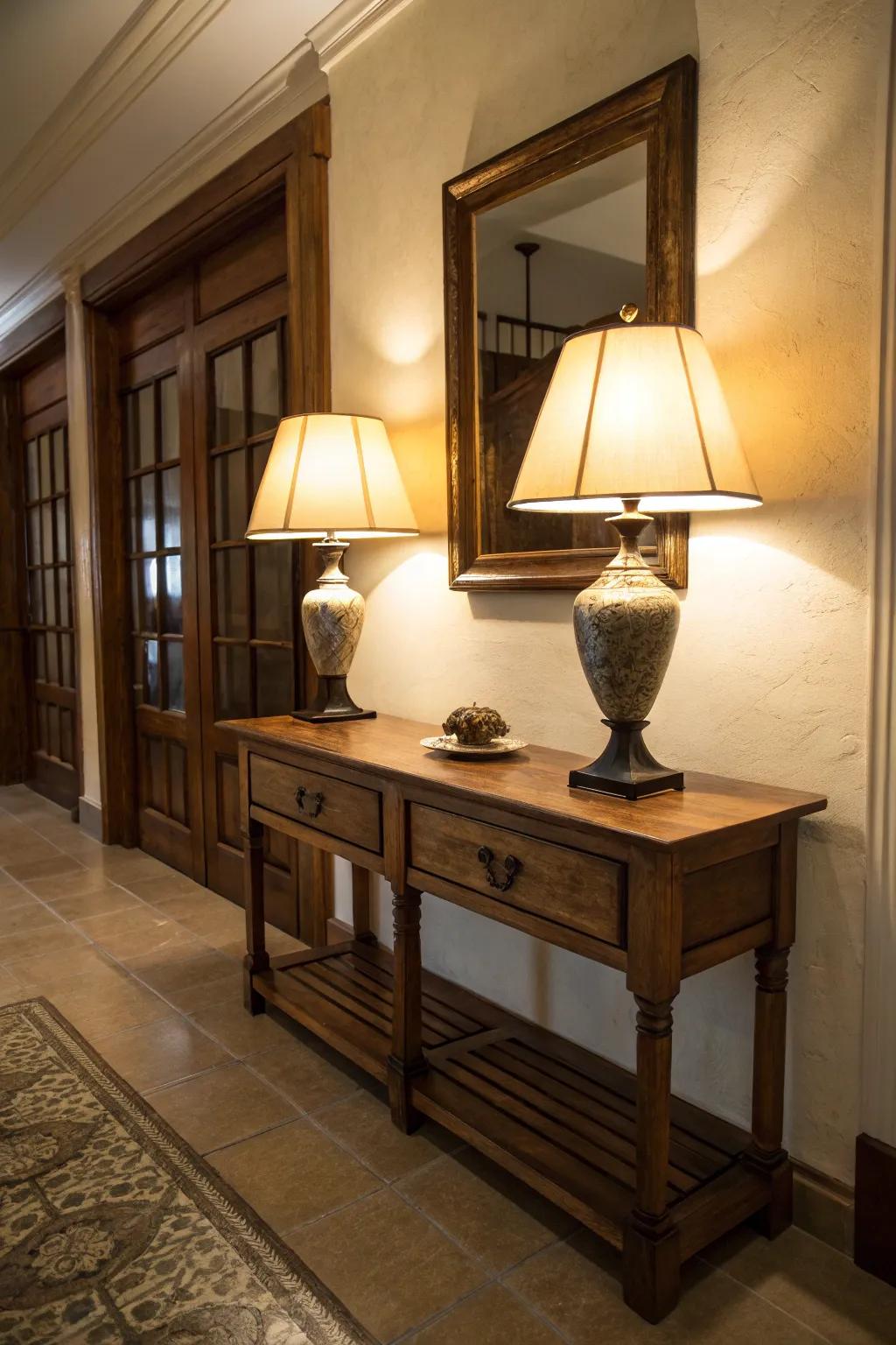 Table lamps contribute a comforting feel to this appealing entrance area.